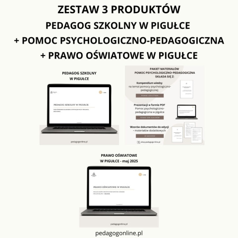Zestaw 3 produktów - Pedagog szkolny w pigułce + Pomoc psychoglogiczno-pedagogiczna + Prawo oświatowe w pigułce Zestaw 3 produktów - Pedagog szkolny w pigułce + Pomoc psychoglogiczno-pedagogiczna + Prawo oświatowe w pigułce